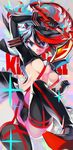  arm_up black_hair black_legwear blue_eyes boots breasts chkuyomi copyright_name kill_la_kill large_breasts looking_at_viewer matoi_ryuuko midriff multicolored_hair navel red_hair scissor_blade senketsu short_hair signature skirt smile solo sparkle suspenders thigh_boots thighhighs two-tone_hair underboob 