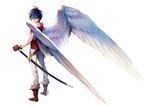  angel_wings belt black_eyes black_hair boots brown_gloves chkuyomi full_body gloves large_wings looking_at_viewer male_focus sheath sheathed solo standing sword tenkuu_no_escaflowne van_fanel weapon white_background wings 