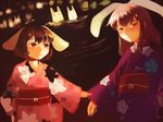  alternate_costume animal_ears bunny_ears carrot extra_ears hair_ornament holding inaba_tewi japanese_clothes kimono long_hair multiple_girls nihimaru purple_hair red_eyes reisen_udongein_inaba short_hair touhou water 