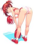 ass bent_over bikini blush breasts full_body grin highres isshiki_akane kneepits legs looking_at_viewer looking_back michairu pom_poms red_eyes red_hair scrunchie shoes short_hair simple_background small_breasts smile sneakers solo standing swimsuit twintails underboob vividred_operation white_background 