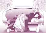  awilda_(reginleiv) braid dress earrings fan folding_fan french_braid hoop_earrings hpa_(foolish_factory) jewelry long_dress long_hair monochrome pillow recliner reclining ring solo very_long_hair zangeki_no_reginleiv 