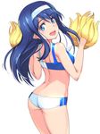  :d ass blue_eyes blue_hair blush futaba_aoi_(vividred_operation) hairband highres long_hair looking_at_viewer looking_back michairu midriff open_mouth pom_poms short_shorts shorts smile solo vividred_operation 