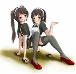  2girls artist_request conjoined crawling female looking_at_viewer maid multiple_girls original sandals siamese_twins siblings sisters thighhighs twins walking 