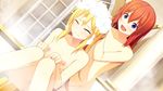  2girls areolae bath blonde_hair blue_eyes blush breasts cccpo censored eyes_closed flat_chest game_cg happy highres legs long_hair mosaic_censoring multiple_girls nipples nude open_mouth pussy red_hair sekai_wo_sukuu_dake_no_kantan_na_oshigoto sitting small_breasts smile soap_bubbles steam thighs washing wet 