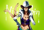  1girl arm black_hair breasts character_name cleavage color_background cowboy_hat eilinna hand_on_hip hat midriff nico_robin one_piece solo white_hat 