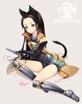  animal_ears bad_id bad_pixiv_id black_hair blush brown_eyes copyright_name full_body grey_background long_hair nobunaga_no_yabou petals riku_(wana) sheath sheathed sitting solo sword tachibana_ginchiyo_(nobunaga_no_yabou) tail thighs weapon 