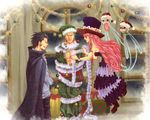  2boys black_hair box cape christmas crossed_arms dracule_mihawk dress ghost gift gift_box green_hair hat kuraigana_island kyuujou_emiri multiple_boys one-eyed one_piece ornament perona pink_hair present roronoa_zoro santa_hat sash scar window 