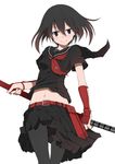  akame_ga_kill! aressho? belt black_eyes black_hair black_legwear black_serafuku buckle crop_top highres katana kurome_(akame_ga_kill!) midriff navel pantyhose pleated_skirt school_uniform serafuku short_hair skirt smile solo sword vambraces weapon white_background 