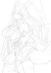  bare_shoulders breasts downscaled elbow_gloves fox_tail gloves greyscale highres large_breasts lineart long_hair md5_mismatch monochrome ofuda resized ricci sketch smile solo tail thighhighs 