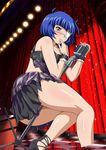  artist_request black_dress blue_hair dress eyepatch green_eyes highres ikkitousen indoors looking_at_viewer microphone ryomou_shimei short_hair solo third-party_source torn_clothes 