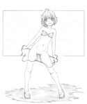  breasts covered_nipples full_body greyscale harumachi_nagaaki legs monochrome open_mouth original revision short_hair small_breasts smile solo 