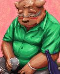  2019 anthro belly blush brown_fur canid canine canis clothing domestic_dog eyes_closed fur humanoid_hands male mammal misterdonn overweight overweight_male pants shirt simple_background sitting 