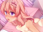  blush bow fang flat_chest hair_bow hairband heavy_breathing highres izumi_(racer) long_hair nipples nude one-piece_tan open_mouth original pink_hair purple_eyes racer_(magnet) solo tan tanline tongue tongue_out 