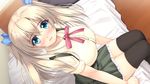  1girl absurdres bed black_legwear blonde_hair blue_eyes blush breasts game_cg hair_ribbon highres huge_breasts legs long_hair looking_at_viewer moric pillow ribbon school_uniform sitting skirt solo thighs twintails wanraba_vol.1:_maiai 