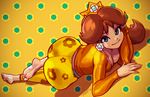  ass barefoot blue_eyes breasts brown_hair casual cleavage crown downblouse earrings feet huge_ass jewelry long_hair lying mario_(series) medium_breasts on_stomach pants pantylines polka_dot polka_dot_background princess_daisy robert_porter soles solo super_mario_bros. toes yoga_pants 