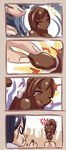  1girl 4koma anger_vein black_hair blank_eyes brown_eyes brown_hair brown_sclera chibi chocolate chocolate_covered comic dunceneygak eating food highres ice_cream long_hair open_mouth original personification popsicle silent_comic tears trembling wavy_mouth white_hair 