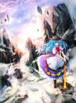  blue_hair boots canyon hat highres hinanawi_tenshi long_hair red_eyes solo sword_of_hisou touhou untsue wind 