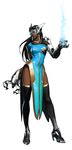  arnold_tsang black_hair blue blue_dress boots contrapposto cyborg dark_skin dress full_body headgear high_heels highres jewelry long_hair mechanical_arm necklace official_art overwatch side_slit simple_background solo standing symmetra_(overwatch) thighhighs visor weapon 