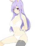  animal_ears arms_behind_back black_legwear bow bow_bra bra breasts bunny_ears extra_ears homua large_breasts navel panties pink_eyes purple_hair reisen_udongein_inaba single_thighhigh sitting sketch solo thighhighs touhou underwear underwear_only wavy_mouth white_background white_bra white_panties 