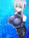  1girl absurdres aebafuti aqua_eyes bare_shoulders bodysuit breasts elbow_gloves erect_nipples gloves highres huge_breasts impossible_clothes legs looking_at_viewer serious short_hair silver_hair solo standing thighs 