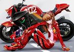  arm_support breasts brown_hair cleavage crop_top gloves green_eyes ground_vehicle helmet jacket kotatsu-spirit midriff motor_vehicle motorcycle motorcycle_helmet navel neon_genesis_evangelion open_clothes open_jacket sitting small_breasts solo souryuu_asuka_langley 