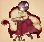  book bow chaise_longue dress flower hair_flower hair_ornament hieda_no_akyuu purple_eyes purple_hair short_hair skirt solo touhou yujup 