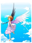  :d angel angel_wings asymmetrical_wings barefoot blonde_hair blue_eyes border borrowed_character cassie_(acerailgun) cloud cloudy_sky cyborg dress feathered_wings feathers flying full_body fuyuki_yuki looking_at_viewer mechanical_arm mechanical_wings open_mouth original sky smile solo white_border wings 