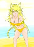  1girl akame_ga_kill akame_ga_kill! bikini blonde_hair breasts cat_ears cat_girl cat_tail cleavage highres large_breasts leone lion looking_at_viewer solo swimsuit tail yellow_eyes 
