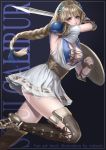  1girl absurdres armor blonde_hair blue_eyes braid breasts cleavage green_eyes highres jewelry large_breasts long_hair looking_at_viewer murasaki-sin shield simple_background single_braid solo sophitia_alexandra soul_calibur soulcalibur_vi sword weapon 