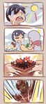  2boys 4koma black_hair chocolate chocolate_covered closed_eyes comic dunceneygak food highres hot ice_cream money multiple_boys open_mouth opening original personification silent_comic sun sweat 