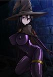  1girl aebafuti black_hair boots breasts cape chains collar erect_nipples hat highres huge_breasts kneeling latex legs long_hair looking_at_viewer prison purple_eyes solo thighs tied_up witch_hat 