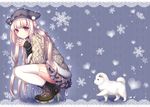  blush dog from_side garter_straps hands_together hat heart high_heels lace_border long_hair original pink_eyes riichu skirt smile snowflakes solo squatting sweater thighhighs very_long_hair white_legwear 