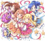  aikatsu! aikatsu!_(series) blonde_hair blue_eyes blue_hair blush bow brown_hair gloves green_eyes heart heart_hands heart_hands_duo hikami_sumire hoshimiya_ichigo kiriya_aoi long_hair looking_at_viewer multiple_girls one_eye_closed oozora_akari open_mouth pink_bow purple_eyes purple_hair red_eyes ribbon shibuki_ran shinjou_hinaki short_hair side_ponytail skirt smile star sweatdrop thighhighs tokunou_shoutarou 