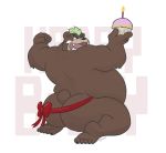  2019 anthro ashigara belly brown_fur butt cake english_text food fur humanoid_hands male mammal mohawk overweight overweight_male solo spookyblain text tokyo_afterschool_summoners ursid video_games 