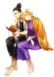  1girl amase_(siki696) barefoot beard black_hair blonde_hair book couple facial_hair head_on_shoulder hetero highres husband_and_wife jewelry long_hair nara_shikamaru naruto naruto_(series) necklace ponytail quad_tails sleeping sleeping_on_person sleeping_upright temari toes 