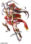  ;d armor brown_hair fighting_stance full_body geta japanese_armor lance last_summoner long_hair looking_at_viewer one_eye_closed open_mouth polearm red_skirt sanada_yukimura_(last_summoner) sandals shoulder_pads simple_background skirt smile solo spear standing tabi tamashiro thighhighs very_long_hair weapon white_background white_legwear zettai_ryouiki 
