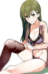  adjusting_clothes adjusting_legwear bad_id bad_pixiv_id black_bra black_legwear black_panties bow bow_bra bra breasts cleavage collarbone dressing green_eyes green_hair groin hair_ornament hairclip kantai_collection lingerie long_hair looking_at_viewer medium_breasts no_pants open_clothes open_shirt panties parted_lips ruuto_(sorufu) shirt sitting smile solo suzuya_(kantai_collection) thighhighs underwear underwear_only white_background 