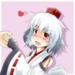  animal_ears blush breasts bridal_gauntlets detached_sleeves happy heart holding_hands inubashiri_momiji kourindou_tengu_costume medium_breasts open_mouth out_of_frame pink_background red_eyes sashimi_(magureatari) short_hair silver_hair simple_background solo_focus tail touhou wolf_ears wolf_tail 