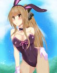  1girl amagi_brilliant_park animal_ears bare_shoulders blush bow bowtie breasts brown_hair bunny_ears bunny_girl bunnysuit cleavage covered_navel detached_collar facu10mag female fishnet_pantyhose fishnets gloves hair_ornament hair_ribbon highres large_breasts leotard long_hair pantyhose ponytail ribbon sento_isuzu solo standing thighs yellow_eyes 