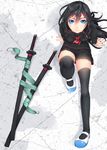  1girl arm_support ayase_tamaki black_hair black_legwear black_skirt black_thighhighs blue_eyes closed_mouth expressionless female long_hair looking_at_viewer original school_uniform serafuku sitting skirt solo thighhighs zettai_ryouiki 