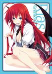  barefoot blue_eyes breasts cleavage feet high_school_dxd long_hair miyama-zero official_art open_clothes open_shirt red_hair rias_gremory shirt toes wings 