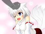  animal_ears bare_shoulders blue_eyes breasts detached_sleeves fang happy highres inubashiri_momiji kamiya_ryou_(chitara) medium_breasts one_eye_closed open_mouth petting pink_background pom_pom_(clothes) ribbon_trim short_hair silver_hair simple_background sleeveless smile solo tail touhou wolf_ears wolf_tail 
