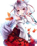  animal_ears bare_shoulders breasts detached_sleeves hand_on_own_head hat inubashiri_momiji looking_at_viewer medium_breasts mizurapi open_mouth pom_pom_(clothes) red_eyes short_hair silver_hair simple_background sitting solo tail tokin_hat touhou white_background wolf_ears wolf_tail 
