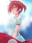  blush breasts costume highres isshiki_akane looking_at_viewer michairu nipples open_mouth red_eyes red_hair shirt short_hair sketch small_breasts solo sweat twintails vividred_operation wet wet_clothes wet_shirt 