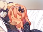  blush bow censored closed_eyes fellatio hair_bow hairband hand_on_another's_head hetero highres izumi_(racer) long_hair one-piece_tan open_mouth oral original penis pink_hair racer_(magnet) sitting solo_focus sweat tan tanline tears 