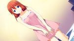  1girl bed blue_eyes blush breasts cccpo collarbone dress feet game_cg highres kneeling legs looking_at_viewer medium_breasts red_hair sekai_wo_sukuu_dake_no_kantan_na_oshigoto short_hair smile socks solo thighs 