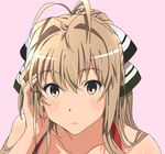  adjusting_hair amagi_brilliant_park bad_id bad_pixiv_id bikini bow brown_hair hair_bow kanau long_hair sento_isuzu solo swimsuit yellow_eyes 