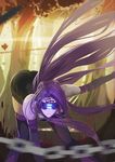  blindfold chain collar facial_mark fate/stay_night fate_(series) forehead_mark glowing long_hair purple_hair rider solo terric thighhighs tree very_long_hair wind 