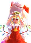  :d animal_ears ascot back-to-back beret blonde_hair borrowed_garments bow bunny_ears collared_shirt cravat flandre_scarlet green_hat hand_on_headwear hands_up hat hat_bow long_hair looking_at_viewer multiple_girls one_side_up open_mouth red_eyes red_skirt red_vest reisen_udongein_inaba ryuu_(tsukinoyuki) shirt short_sleeves simple_background skirt skirt_set smile star touhou upper_body very_long_hair vest white_background white_shirt wings 