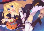  amagi_brilliant_park black_dress blonde_hair blue_eyes blush boots breasts broom broom_riding candy cleavage corset covering covering_crotch crying crying_with_eyes_open detached_sleeves dress food garter_straps halloween halloween_costume hat high_heels highres latifa_fleuranza light_particles lollipop long_hair moonhackle open_mouth sky small_breasts solo star_(sky) starry_sky tears thighhighs wavy_mouth white_legwear witch_hat wrist_cuffs 